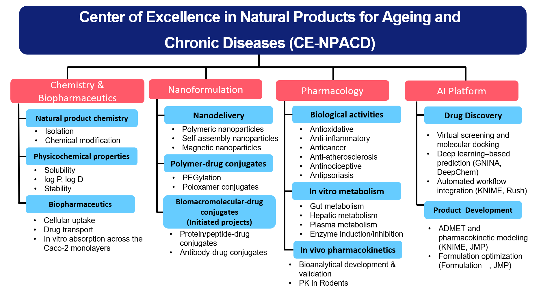 CE-NPACD research structure: Chemistry & Biopharmaceutics, Nanoformulation, Pharmacology, and AI Platform